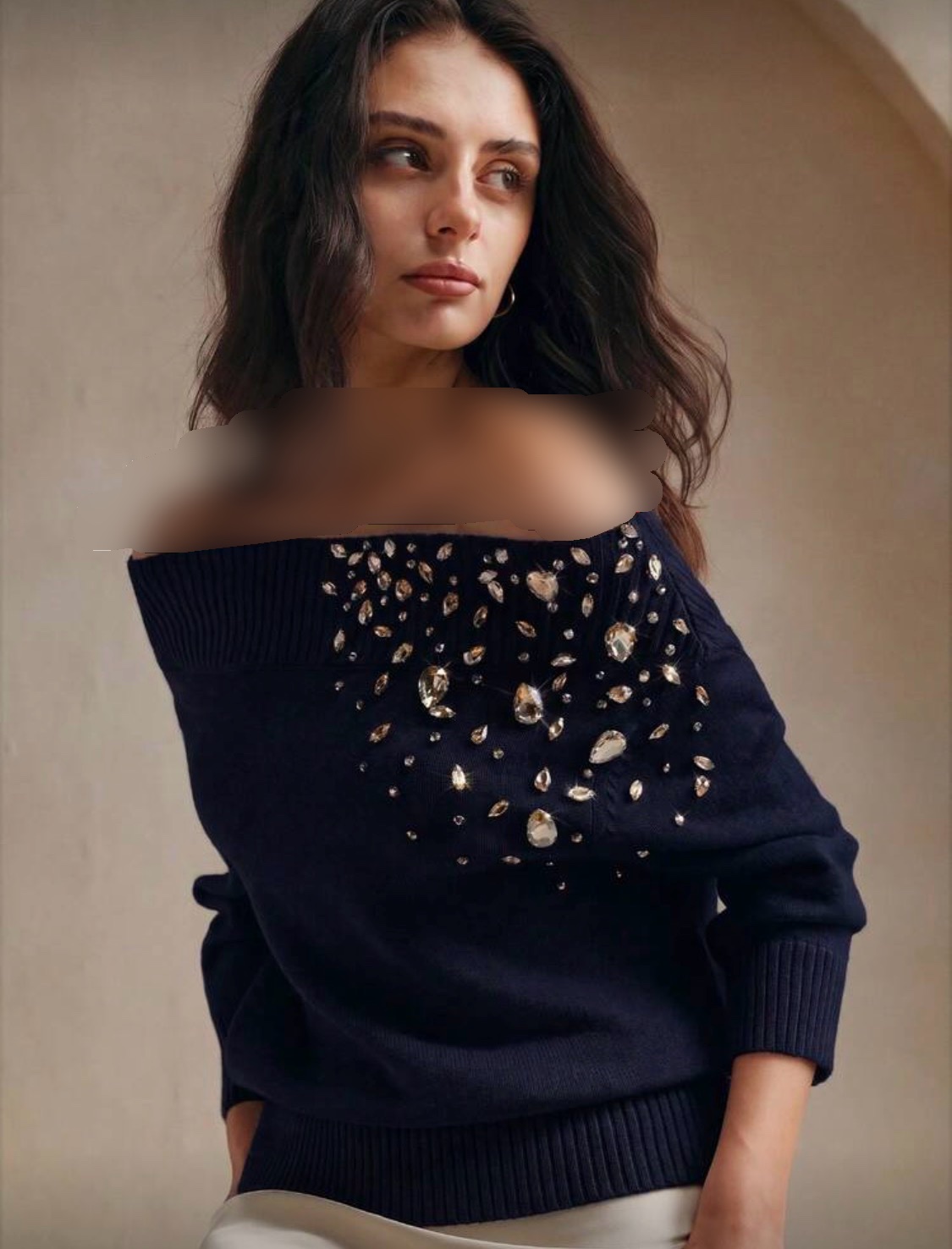 بلوز بافت زنانه برند shein مدل سنگدوزی مجلسی